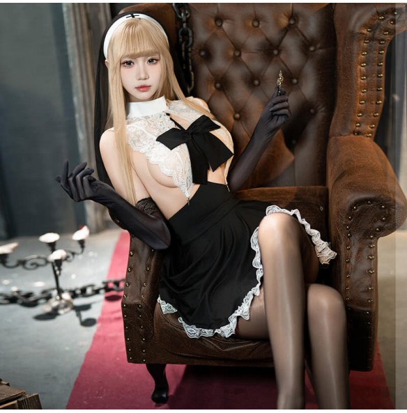 FEE ET MOI - Aristocratic Countess Sheer-Bust Nun Lingerie Set (Black - White) FEE ET MOI - Aristocratic Countess Sheer-Bust Nun Lingerie Set (Black - White)